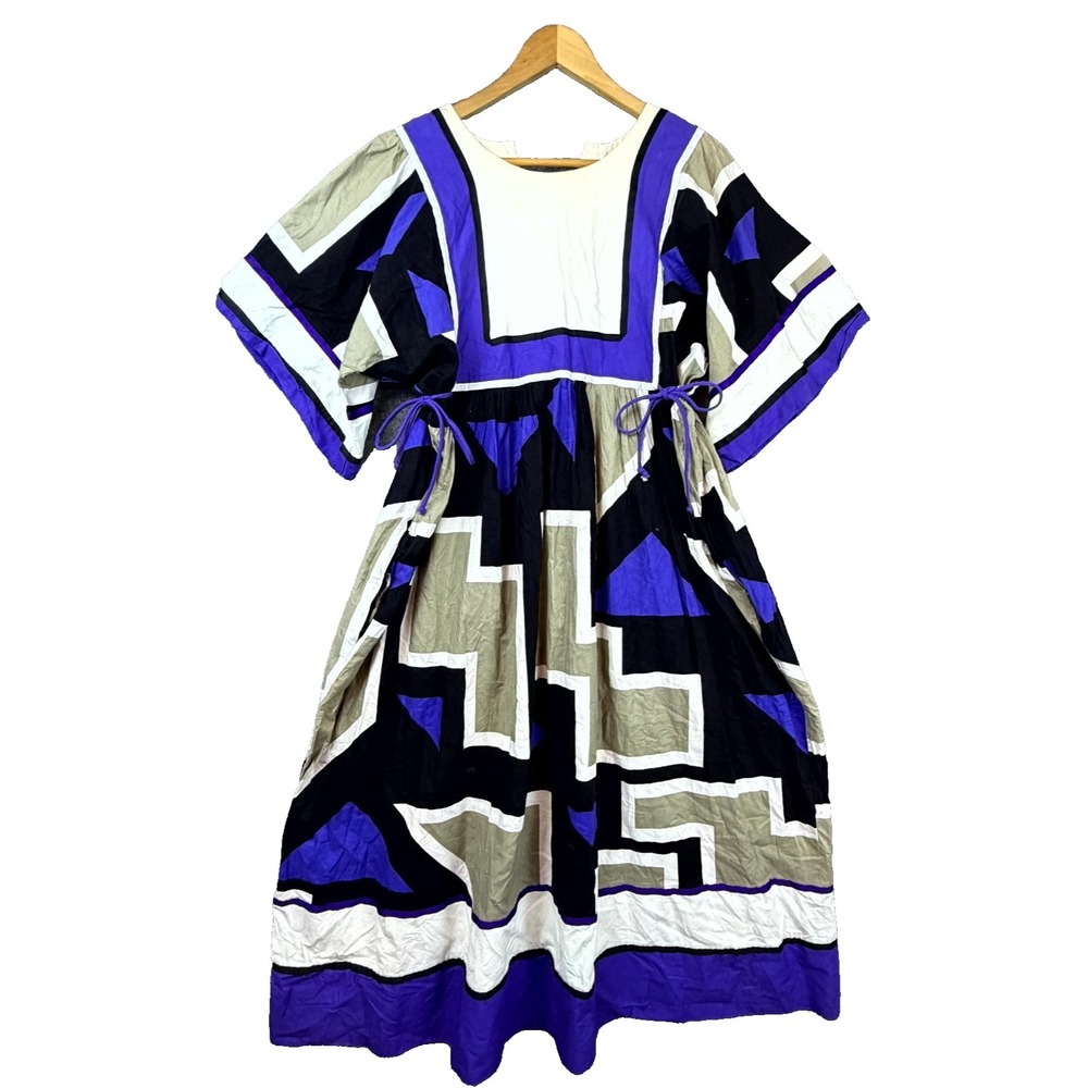 Vintage Krist Gudnason Kaftan Dress Womens Large Purple Black Geometric Bold Art